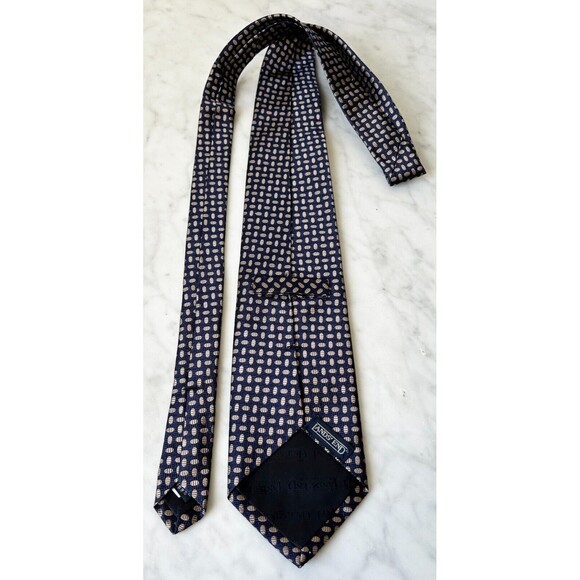 Lands' End Navy Blue  Tan Print Men's Silk Neck Tie  NEW - Picture 4 of 7